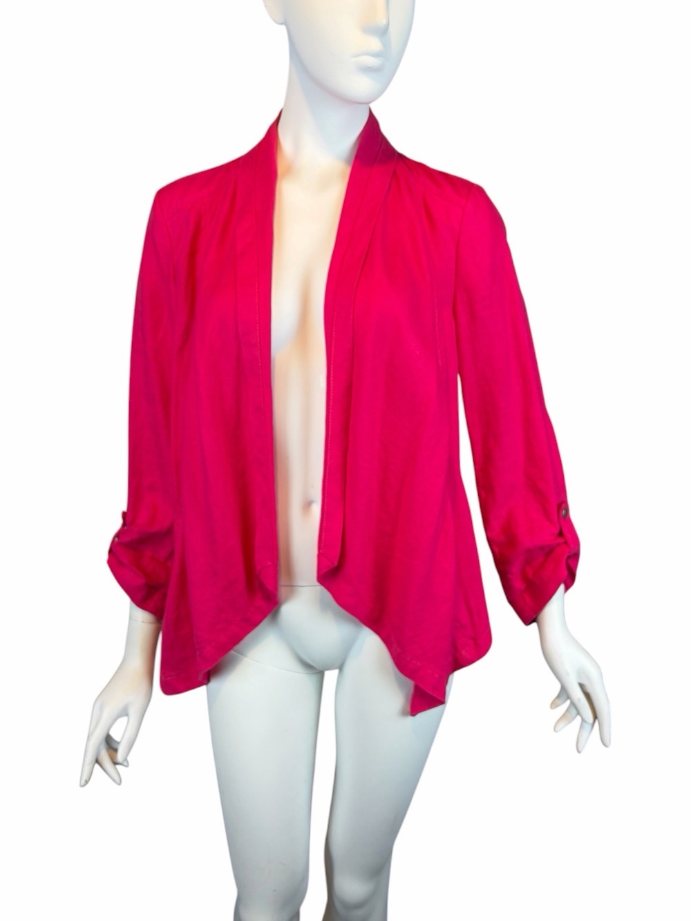 Chico's Fuchsia Jacket Size 0 US 4 S 100% Linen Tabbed Sleeve Draped Open Front